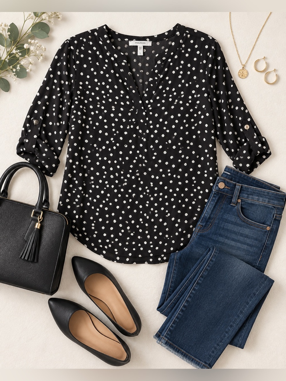 Maurices Black Polka Dot V-Neck Roll-Sleeve Blouse